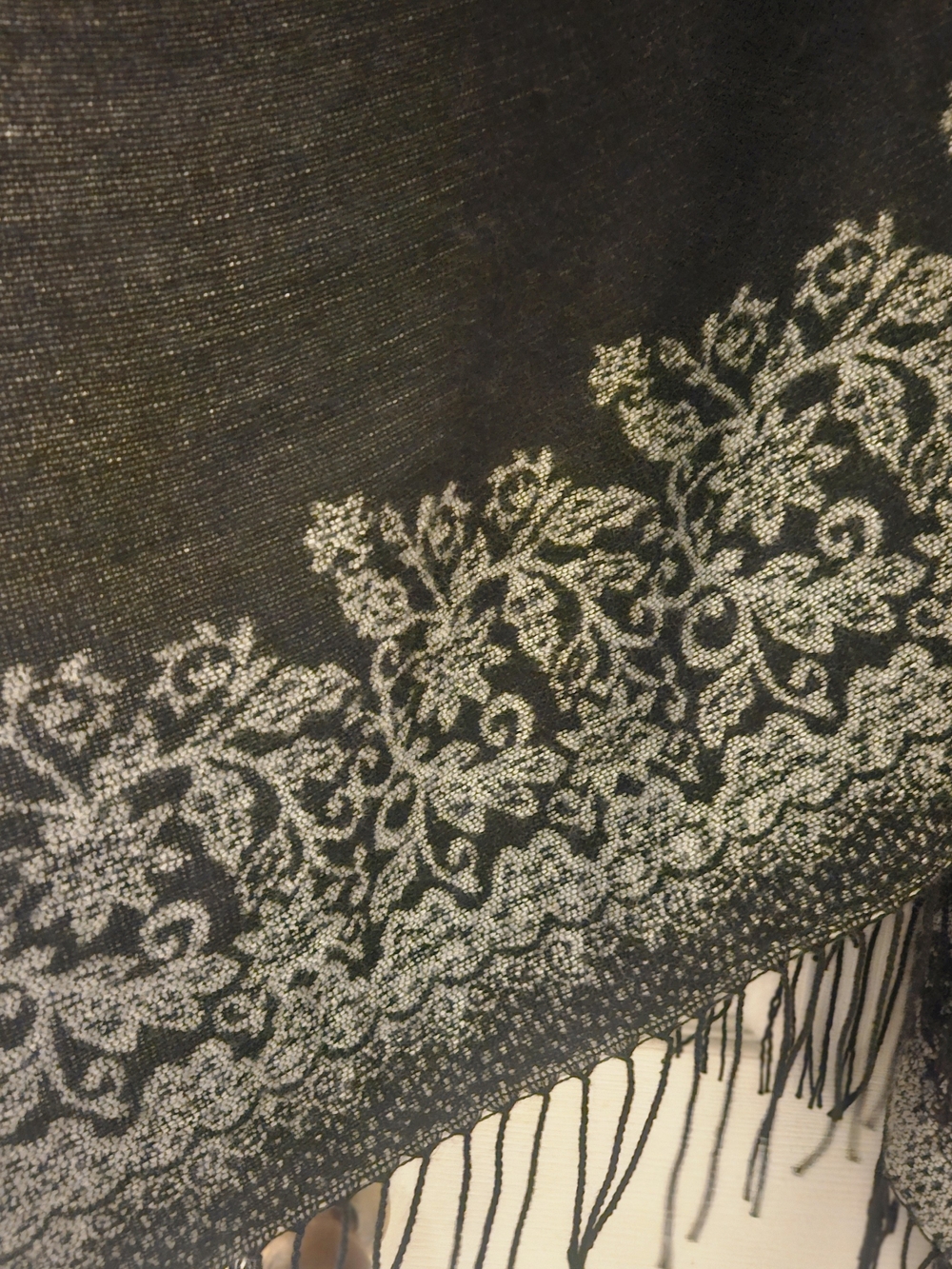 Black Grey Versatile Floral-Trim Open Shawl Poncho Cape with Boho Hippie Fringe - Picture 7 of 11